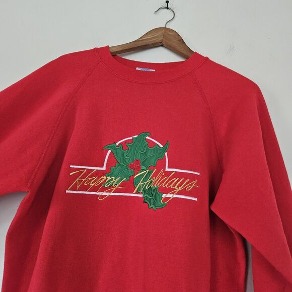 Vtg Christmas Crew Sweatshirt Womens Size L Hanes Red Embroidered Stockings 90s - Picture 2 of 13